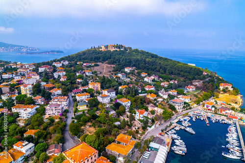 Heybeliada Island in Istanbul, Turkey. Heybeliada is the second largest of the Princes Islands in the Sea of Marmara. Drone shot.