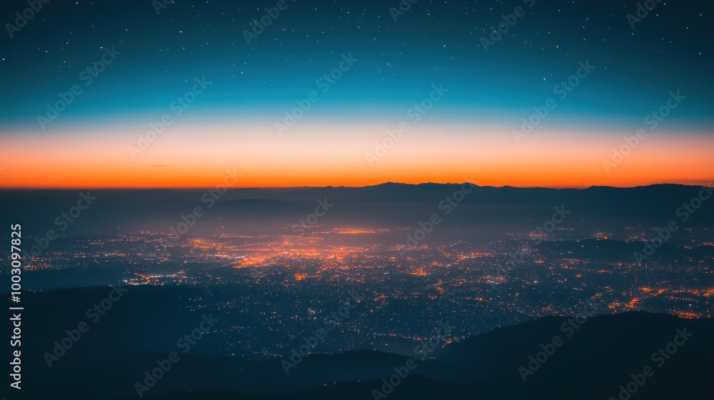 Obraz premium A serene twilight view over a cityscape with distant mountains and starry sky.
