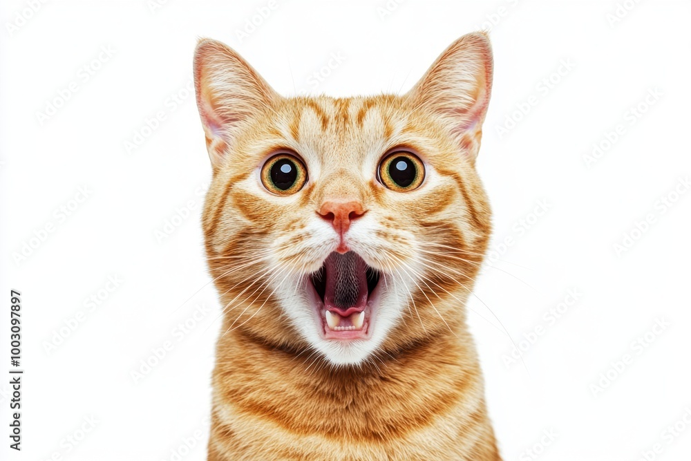 A photograph of an orange cat with a wide-open mouth, a surprised expression, a white background Generative AI A photograph of an orange cat with a wide-open mouth, a surprised expression, a white background Generative AI