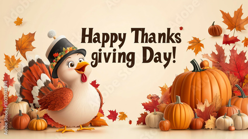 Happy Thanksgiving greeting card with turkey, pumpkins and colorful autumn leaves.