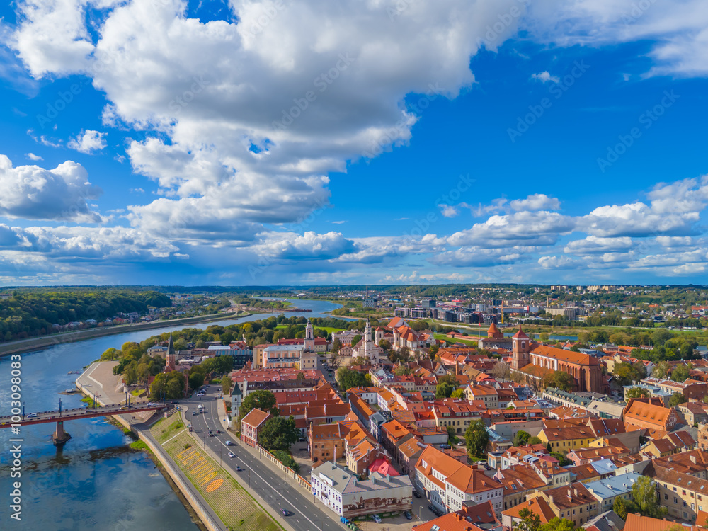 Obraz premium Kaunas old town, Lithuania. Panoramic drone aerial view photo of Kaunas city center with many historical buildings