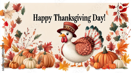 Funny happy thanksgiving greeting card on beige background.