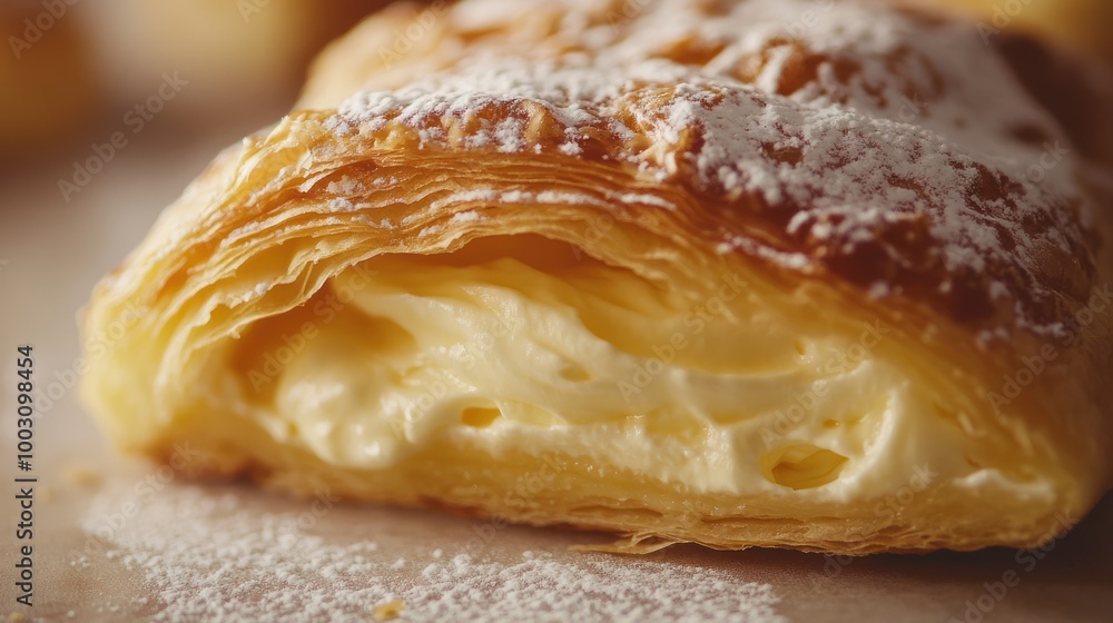 A close-up of a flaky pastry filled with creamy filling and dusted with powdered sugar. A close-up of a flaky pastry filled with creamy filling and dusted with powdered sugar.