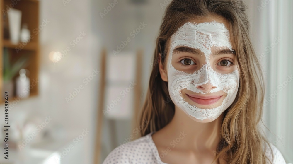 Teenager girl smiles warmly while applying facial cream to her face. She stands in a brightly lit bathroom, representing a self-care skincare routine Teenager girl smiles warmly while applying facial cream to her face. She stands in a brightly lit bathroom, representing a self-care skincare routine