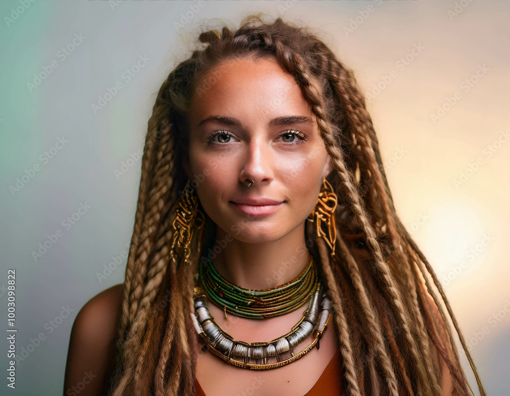 A close-up portrait of a woman with textured locs, adorned with natural jewelry and a serene A close-up portrait of a woman with textured locs, adorned with natural jewelry and a serene