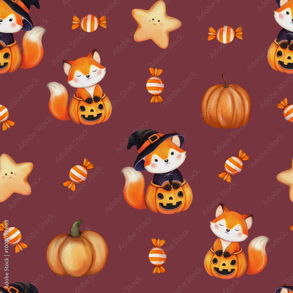 Obraz premium Seamless Halloween pattern featuring foxes, pumpkins, witch hats, candies, mice, and stars in a whimsical, festive design. Perfect for autumn decorations, fabric, packaging, and seasonal party themes 