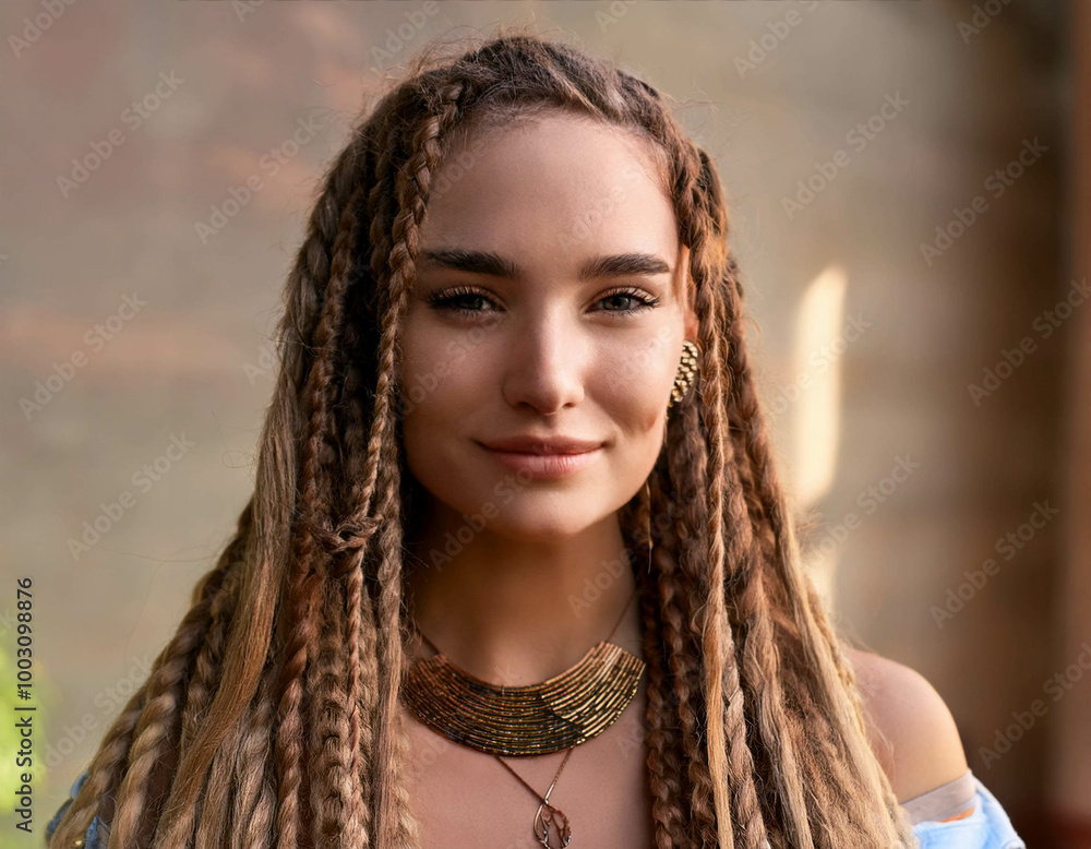A close-up portrait of a woman with textured locs, adorned with natural jewelry and a serene A close-up portrait of a woman with textured locs, adorned with natural jewelry and a serene