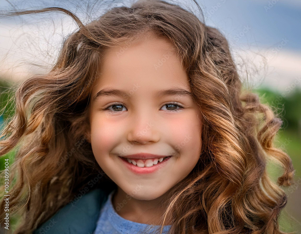 A close-up portrait of a young girl with expressive eyes, her curly hair blowing in the wind A close-up portrait of a young girl with expressive eyes, her curly hair blowing in the wind