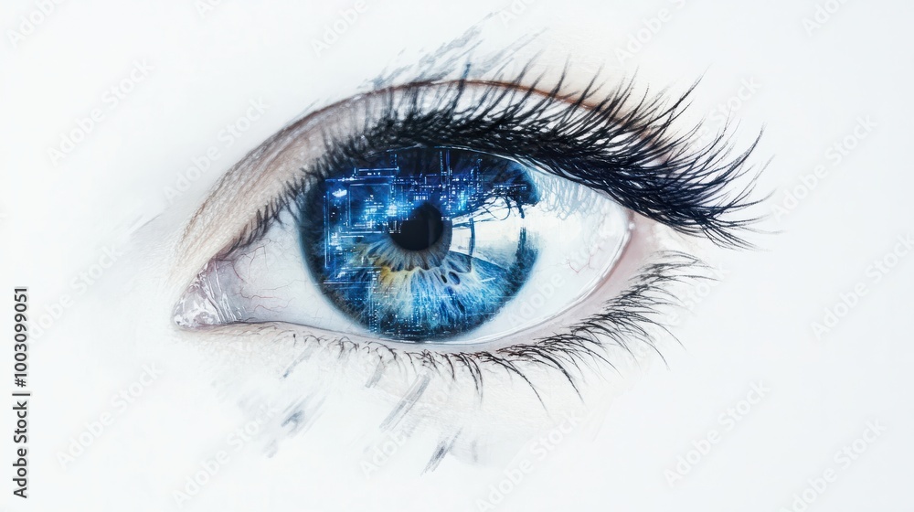 Blue eye with a vivid reflection of a futuristic digital world, symbolizing vision and innovation Blue eye with a vivid reflection of a futuristic digital world, symbolizing vision and innovation