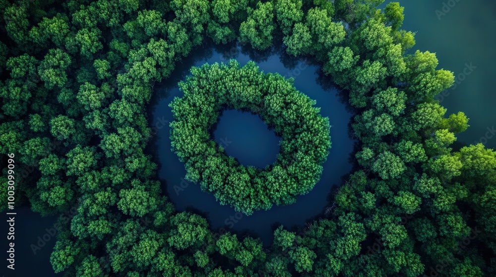 An enchanting aerial perspective reveals lush greenery arranged in a stunning circular formation surrounded by calm waters, illuminated by the soft glow of early morning light An enchanting aerial perspective reveals lush greenery arranged in a stunning circular formation surrounded by calm waters, illuminated by the soft glow of early morning light