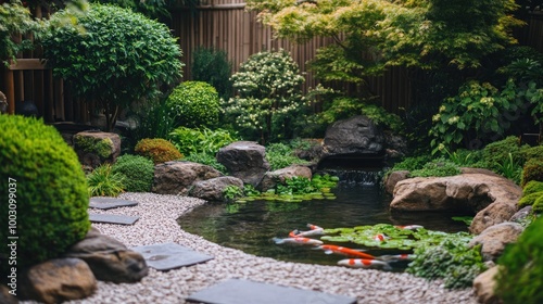 Wallpaper Mural A serene garden featuring a pond with koi fish, surrounded by lush greenery and stones. Torontodigital.ca