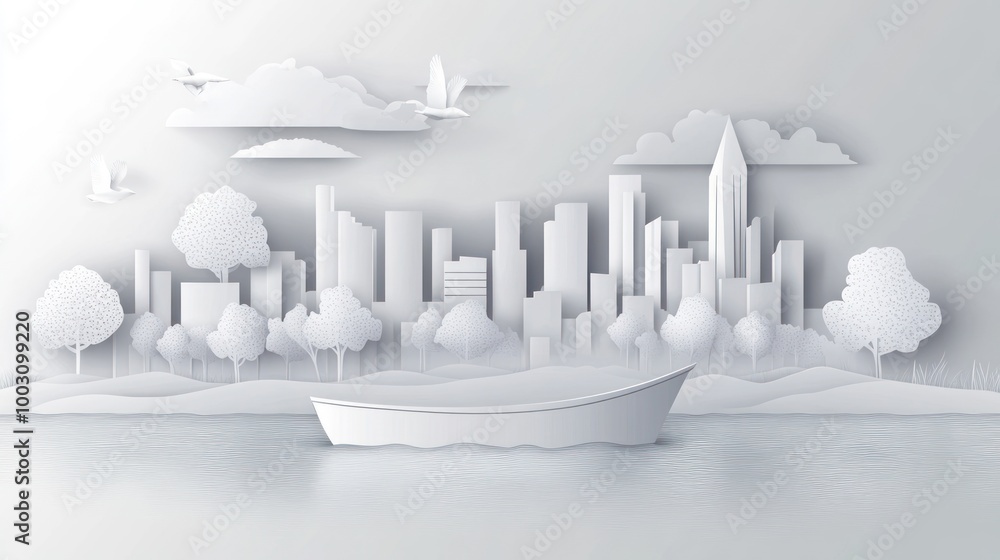 A serene, monochromatic landscape featuring a skyline, trees, and a boat on calm water. A serene, monochromatic landscape featuring a skyline, trees, and a boat on calm water.