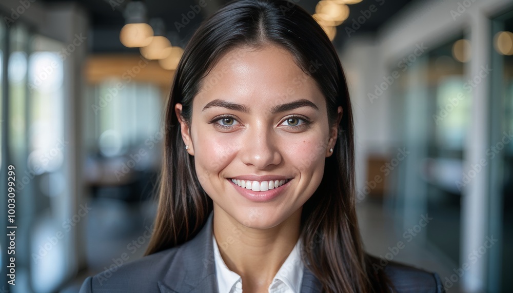 Headshot close up face portrait of young happy smiling Hispanic businesswoman, female company worker or corporate manager, confident business woman entrepreneur looking at camera at work in office. Headshot close up face portrait of young happy smiling Hispanic businesswoman, female company worker or corporate manager, confident business woman entrepreneur looking at camera at work in office.