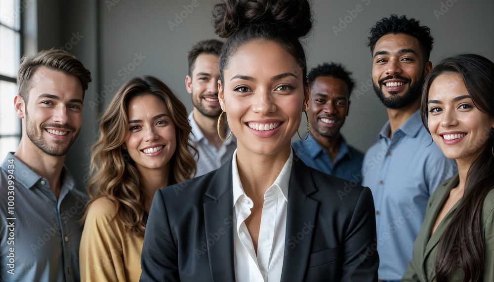 Multiracial businesspeople smiling at the camera in a modern office. Diverse team of businesspeople and inclusivity concept Multiracial businesspeople smiling at the camera in a modern office. Diverse team of businesspeople and inclusivity concept