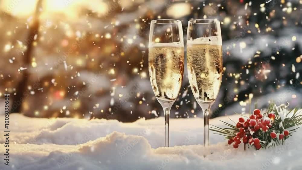 Pair of Glasses of Sparkling Champagne on Snow Under Christmas Snowfall: Festive New Year's Mood. Elegant and Celebratory Winter Scene Pair of Glasses of Sparkling Champagne on Snow Under Christmas Snowfall: Festive New Year's Mood. Elegant and Celebratory Winter Scene