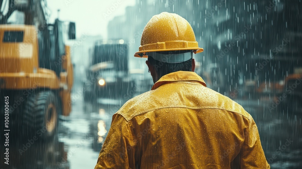 Construction worker enduring heavy rainfall at a job site. Worker in yellow hard hat facing challenging weather conditions. Manual labor perseverance in adverse outdoor environment. Construction worker enduring heavy rainfall at a job site. Worker in yellow hard hat facing challenging weather conditions. Manual labor perseverance in adverse outdoor environment.