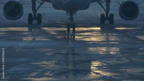 Winter morning reflections on a wet airport runway showcasing aircraft preparation activities in the early hours