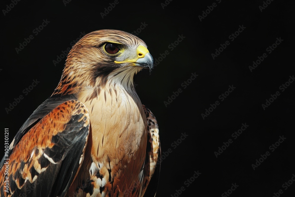 Fototapeta premium Majestic hawk perched against a dark backdrop showcasing striking colors and sharp features during daylight hours