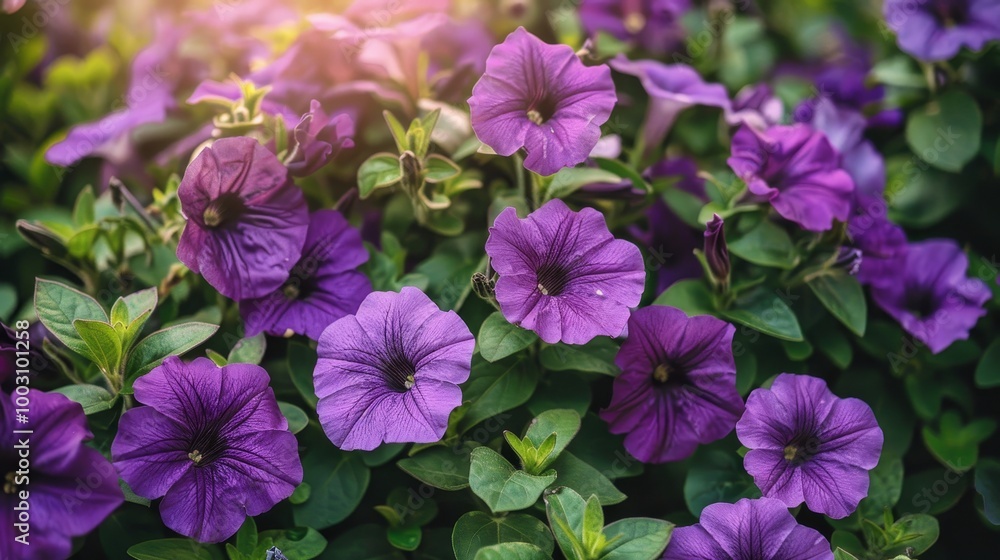 Stunning purple petunia flower bed against a soft blurred nature background for garden inspiration Stunning purple petunia flower bed against a soft blurred nature background for garden inspiration