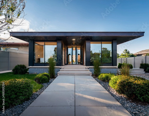 A contemporary home fa?ade featuring large glass panels, clean lines, and a minimalist stone