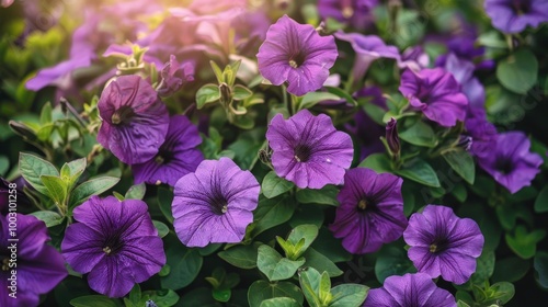 Stunning purple petunia flower bed against a soft blurred nature background for garden inspiration
