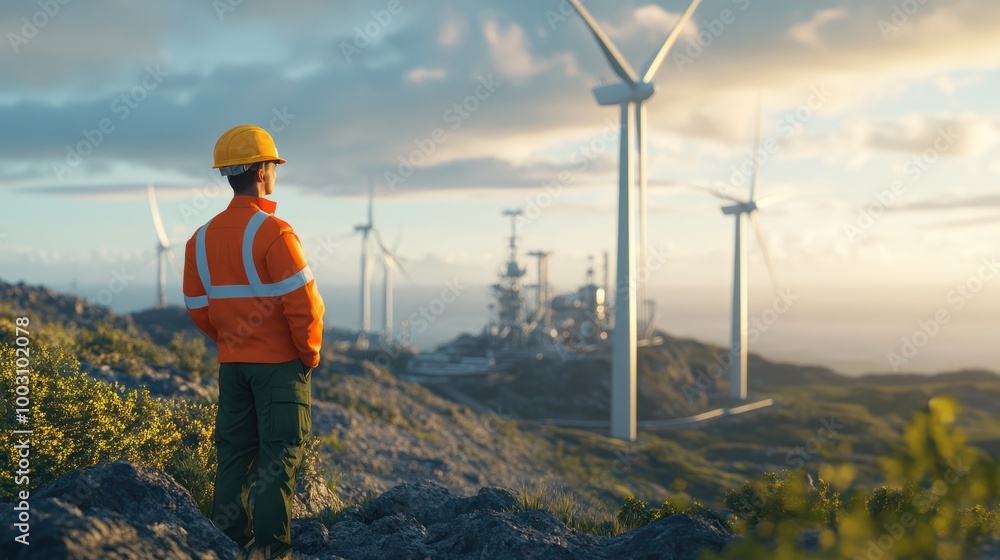 Obraz premium Engineers, Investors and Technicians Talking about conservation and development of electricity production from wind turbines. Including improvements and repairs of wind farms as a sustainable.