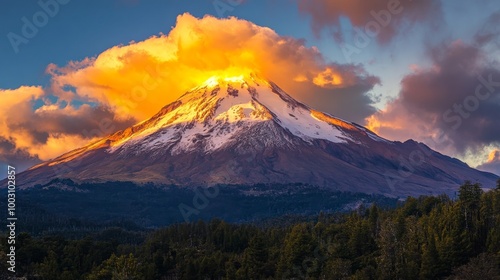 Calbuco's snowy summit, bathed in gold