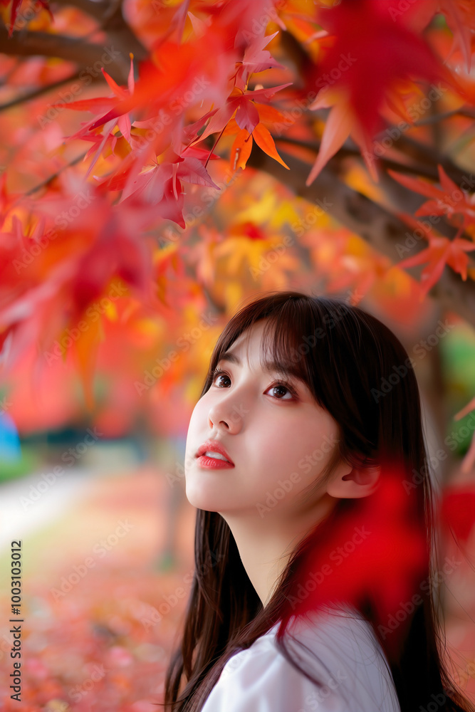 Asian teen female walking under a canopy of autumn leaves, Asian teen female walking under a canopy of autumn leaves,
