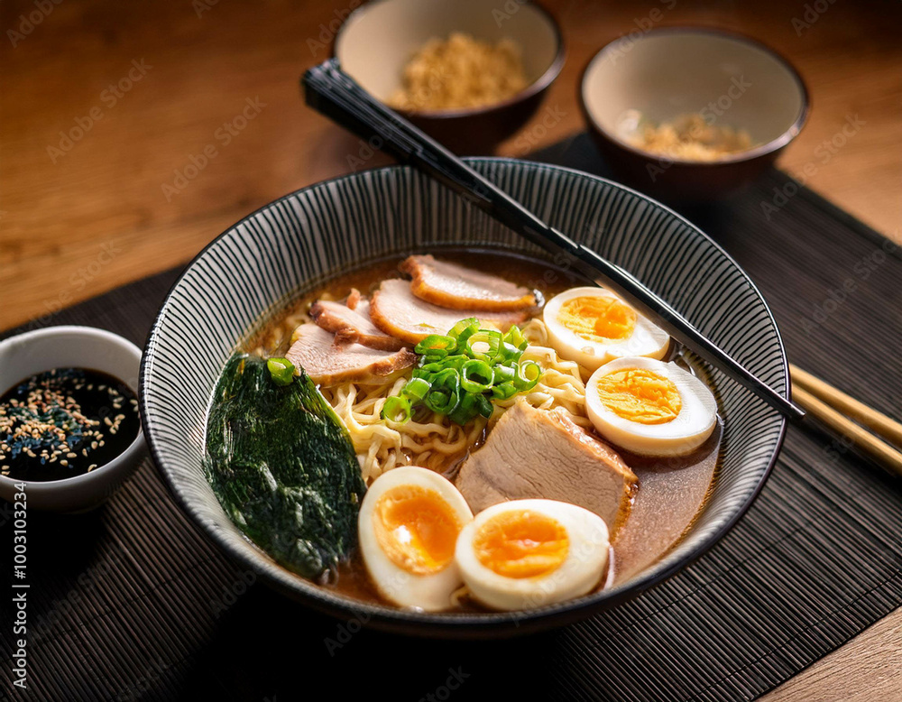 A cozy dinner setting featuring a bowl of steaming ramen with sliced pork, soft-boiled eggs, A cozy dinner setting featuring a bowl of steaming ramen with sliced pork, soft-boiled eggs,
