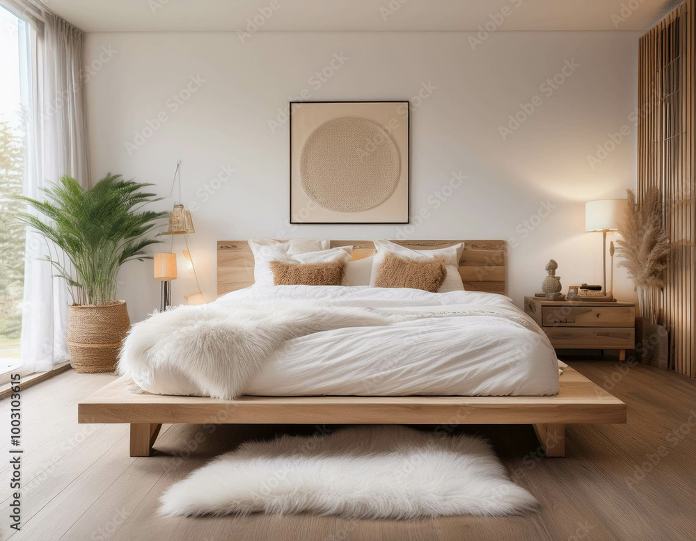 A cozy Scandinavian-style bedroom with a wooden platform bed, fluffy white bedding, and a sh A cozy Scandinavian-style bedroom with a wooden platform bed, fluffy white bedding, and a sh