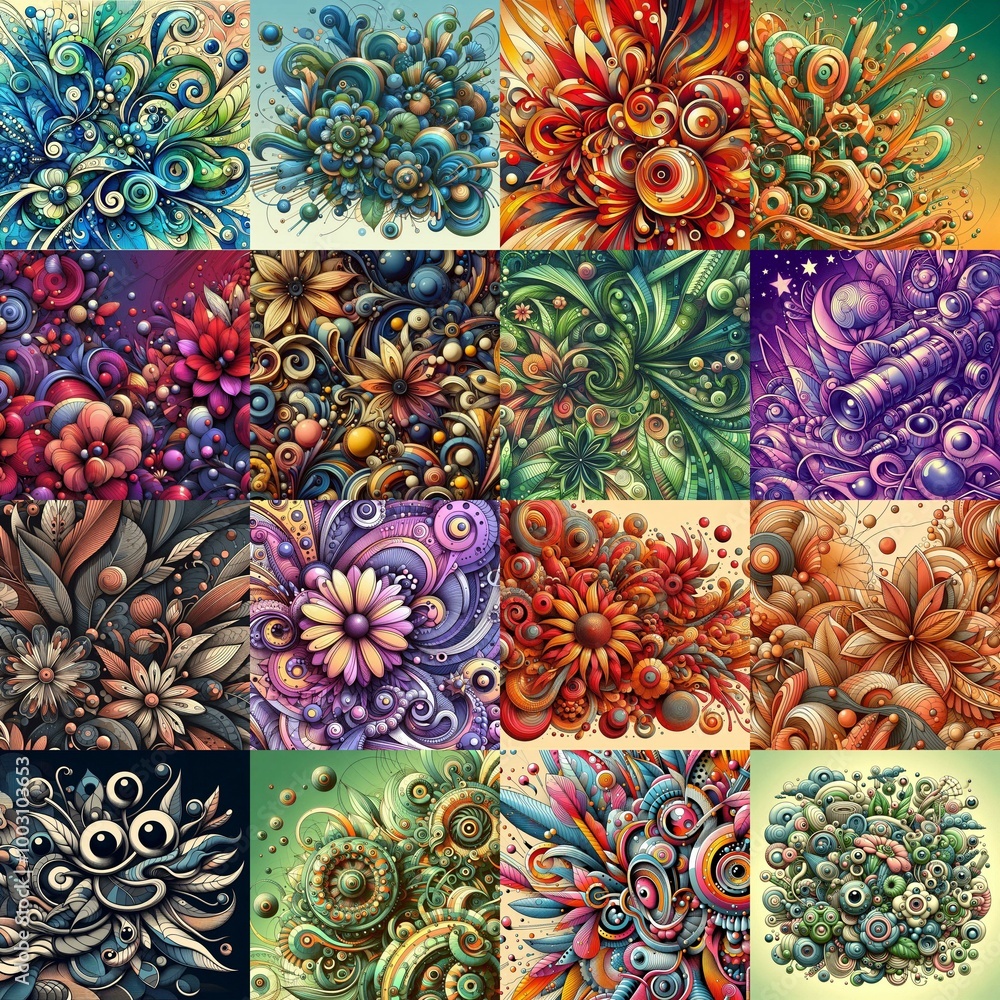 Fototapeta premium Funyy futurism art style flowers background. AI generated illustration