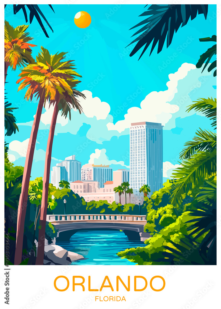 Orlando Florida Poster Illustration Travel Print Decor Gift Paper Canvas Wall Retro Art