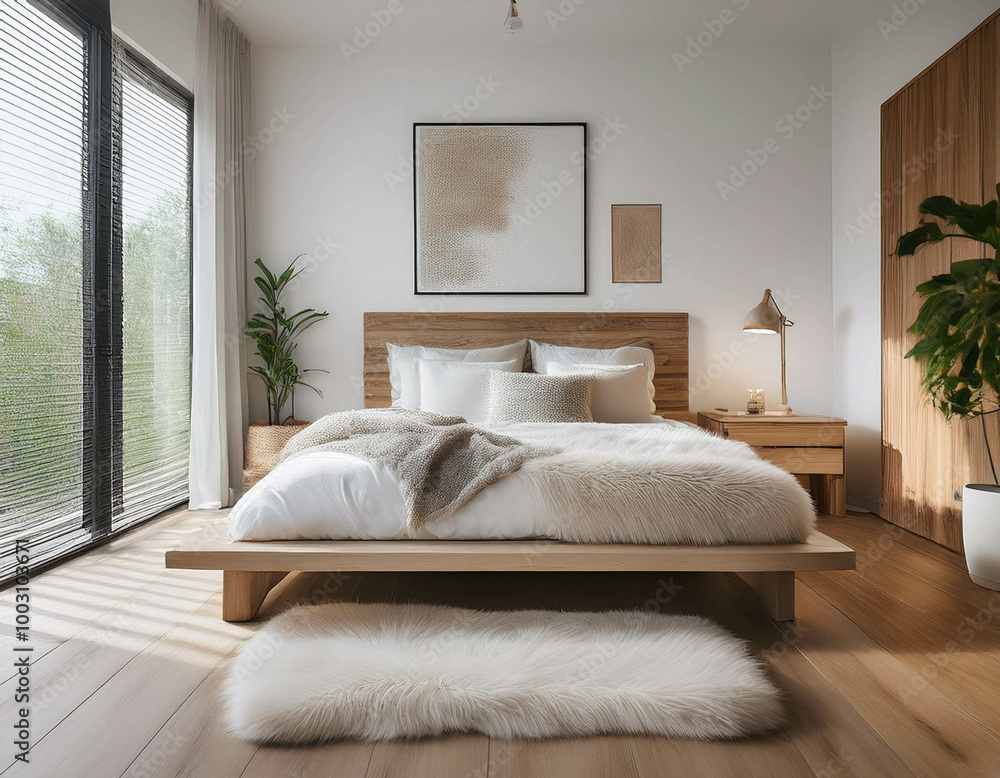 A cozy Scandinavian-style bedroom with a wooden platform bed, fluffy white bedding, and a sh A cozy Scandinavian-style bedroom with a wooden platform bed, fluffy white bedding, and a sh