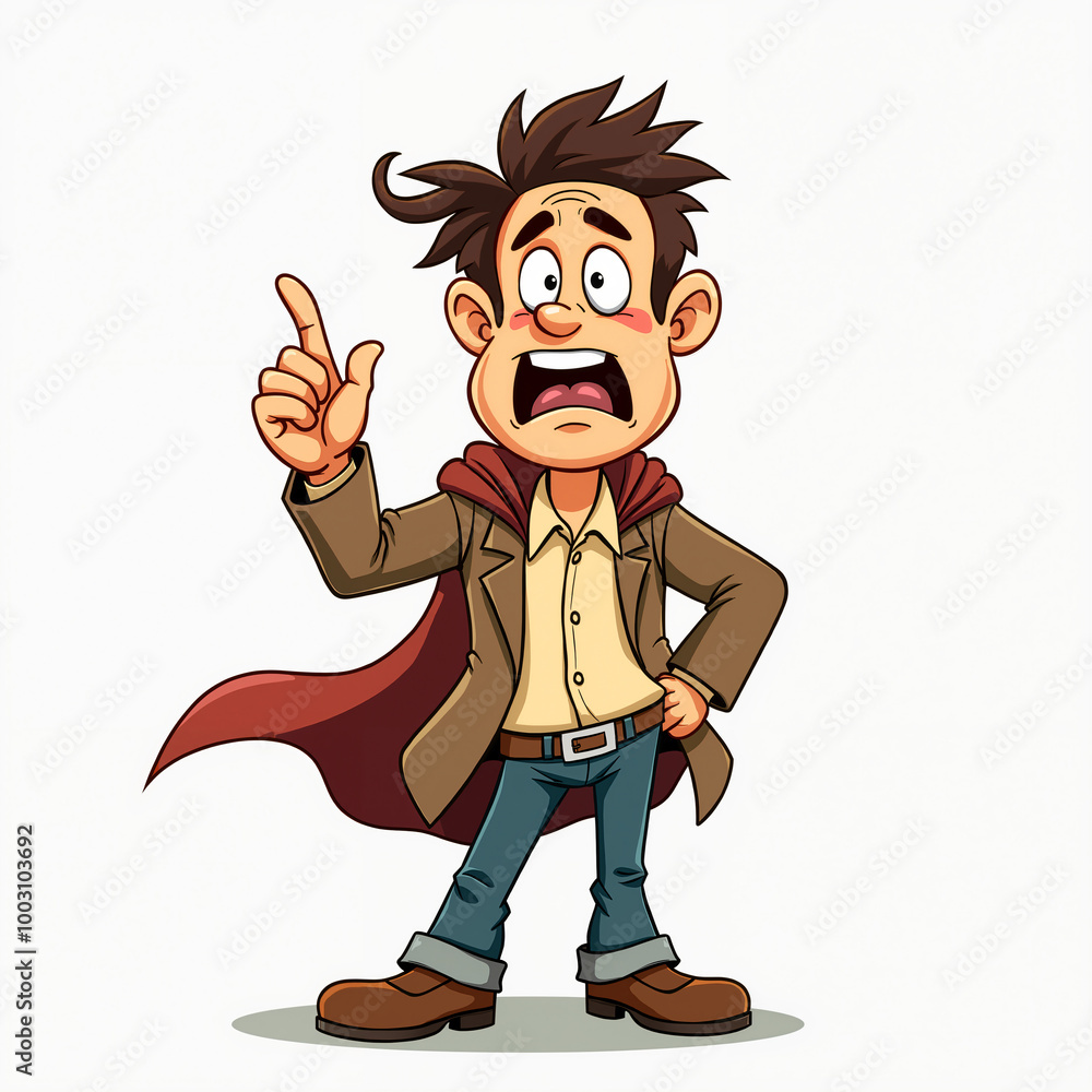 Obraz premium Cartoon man standing with his hand on his hip and pointing at something with his other hand. He has brown hair and is wearing a red cape, a yellow shirt, blue jeans, and brown shoes.