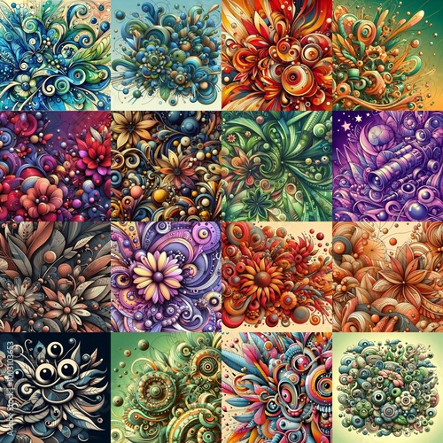 Funyy futurism art style flowers background. AI generated illustration