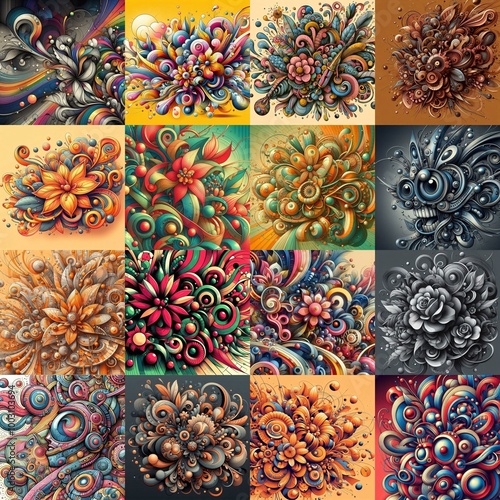 Funyy futurism art style flowers background. AI generated illustration