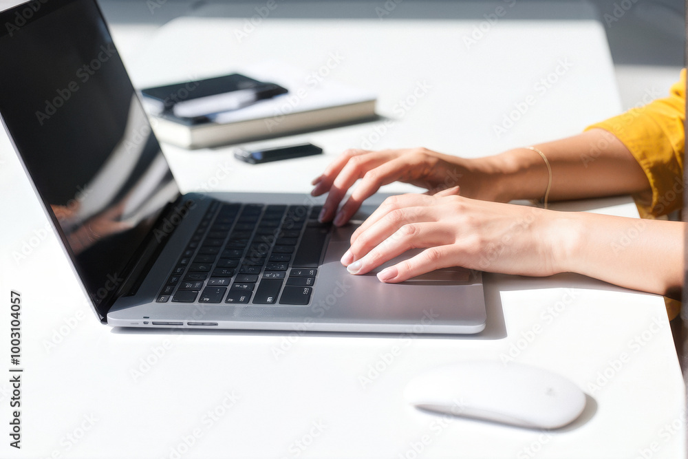 Minimalist workspace with a focus on hands typing on a laptop, captured from a side angle. Clean, professional, and modern design, emphasizing simplicity and productivity. Generative AI Minimalist workspace with a focus on hands typing on a laptop, captured from a side angle. Clean, professional, and modern design, emphasizing simplicity and productivity. Generative AI