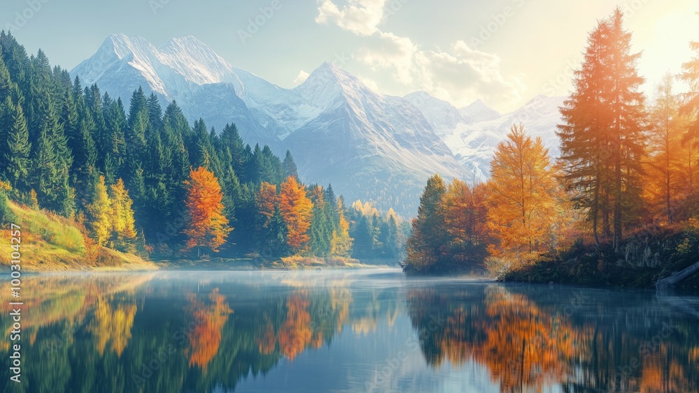 An autumn lake reflects colorful trees and a tranquil sky in a serene national park. An autumn lake reflects colorful trees and a tranquil sky in a serene national park.