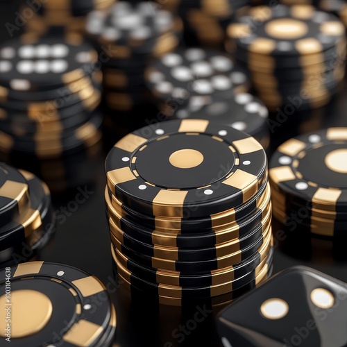 Black and gold casino chips on a black background. 3d render photo