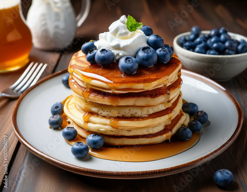 A decadent breakfast stack of fluffy pancakes topped with maple syrup, fresh blueberries, an