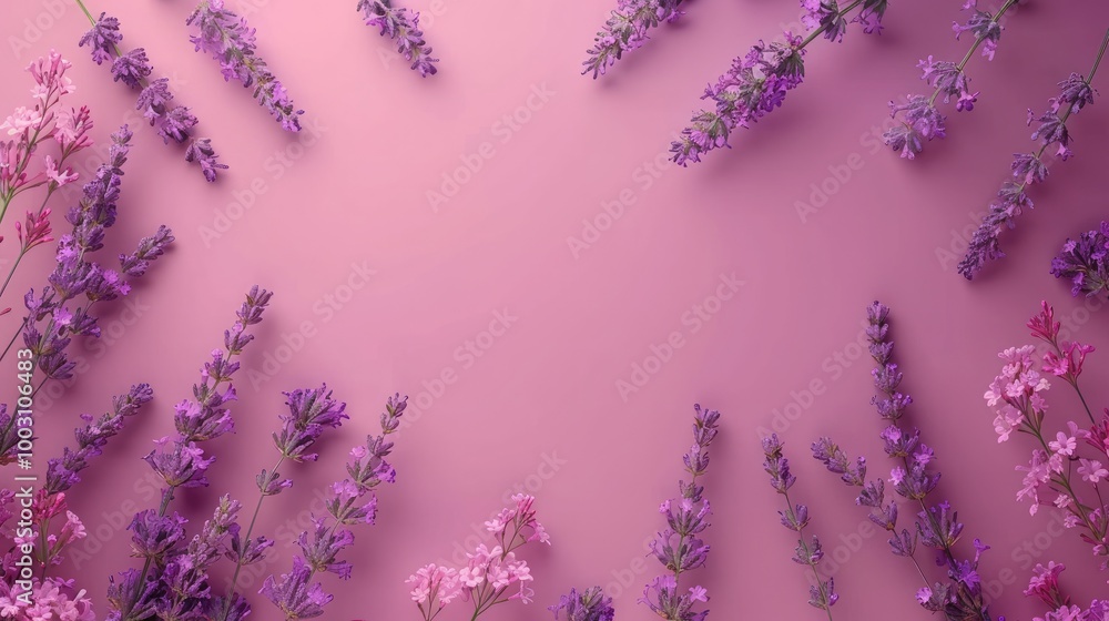 Lavender flowers on soft color background, romantic feminine composition, wedding invitation concept. Lavender flowers on soft color background, romantic feminine composition, wedding invitation concept.