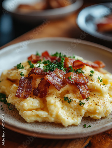 Scrambled eggs with bacon and parsley garnish on a plate.