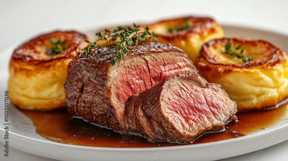 A gourmet medium rare steak served with mashed potatoes and sauce. A gourmet medium rare steak served with mashed potatoes and sauce.