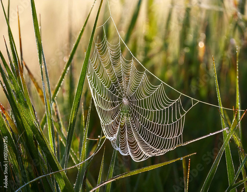 A detailed close-up of dew-covered spiderwebs stretched between tall grass, with each drople photo