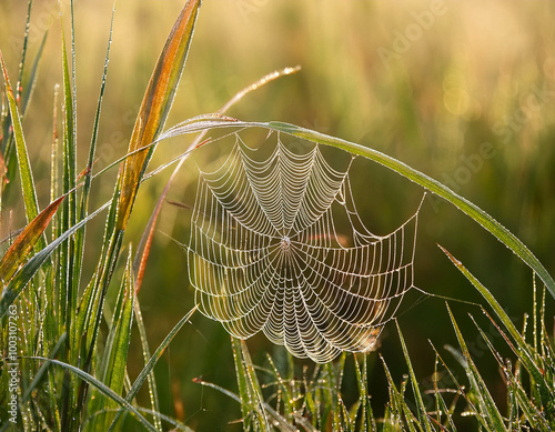 A detailed close-up of dew-covered spiderwebs stretched between tall grass, with each drople photo