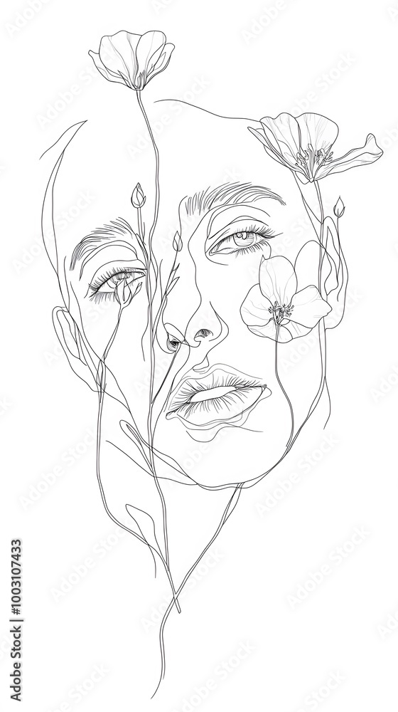Minimalist Pencil Drawing of a Female Face with Flowers, on White Background, Abstract Image, Texture, Pattern Background, Wallpaper, Cover and Screen of Smartphone, PC, Laptop, 9:16 and 16:9 Format Minimalist Pencil Drawing of a Female Face with Flowers, on White Background, Abstract Image, Texture, Pattern Background, Wallpaper, Cover and Screen of Smartphone, PC, Laptop, 9:16 and 16:9 Format