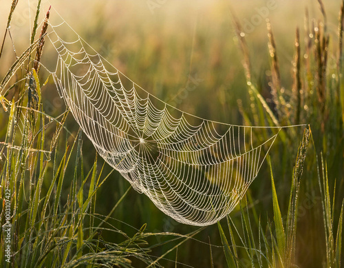 A detailed close-up of dew-covered spiderwebs stretched between tall grass, with each drople photo