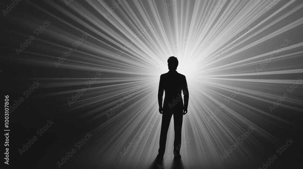 Silhouette of a leader with light rays projecting forward, vision concept, neutral backdrop. Silhouette of a leader with light rays projecting forward, vision concept, neutral backdrop.