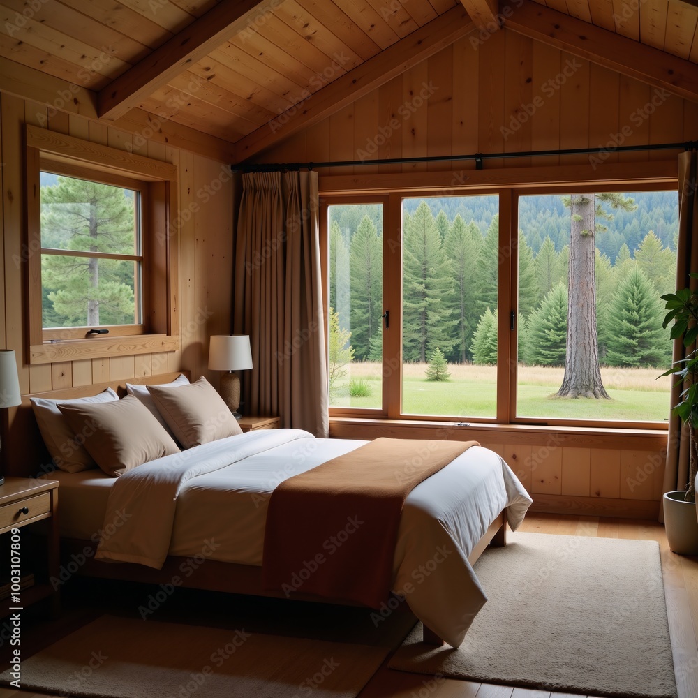 Fototapeta premium Wooden home bedroom with bed and panoramic view Mockup Frame