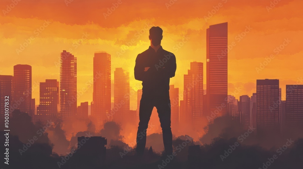 Silhouette of a man standing confidently in front of a city skyline, embodying strategic vision and leadership Silhouette of a man standing confidently in front of a city skyline, embodying strategic vision and leadership